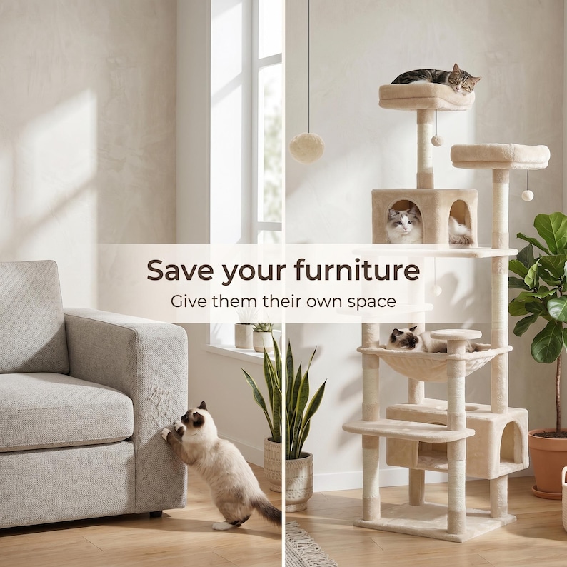 May include: A beige cat tree with multiple levels, platforms, and a hammock. Several cats are seen lounging on the tree. The text "Save your furniture. Give them their own space" is displayed on the image.