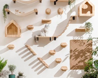Estantería de pared para gatos - Escaleras de madera modernas - Muebles para mascotas - Zona de juegos que ahorra espacio