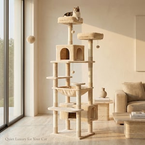 May include: Beige cat tree with multiple platforms, a hammock, and two enclosed hideaways. A cat is resting on the top platform. The text "Quiet Luxury for Your Cat" is at the bottom of the image.