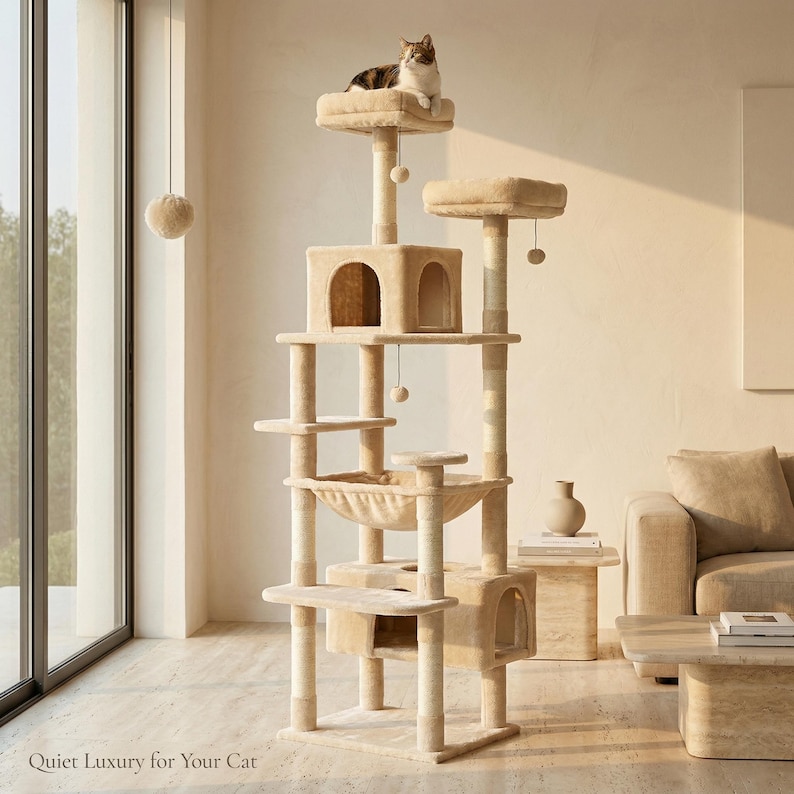 May include: Beige cat tree with multiple platforms, a hammock, and two enclosed hideaways. A cat is resting on the top platform. The text "Quiet Luxury for Your Cat" is at the bottom of the image.