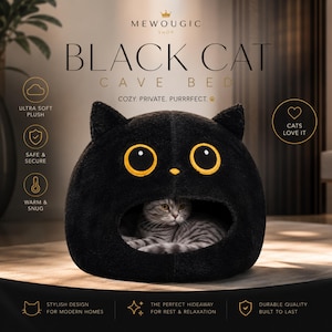 May include: A black plush cat cave bed shaped like a cat head with large yellow embroidered eyes and ears. The text reads MEWOUGIC SHOP BLACK CAT CAVE BED COZY. PRIVATE. PURRRFECT. ULTRA SOFT PLUSH, SAFE & SECURE, WARM & SNUG, CATS LOVE IT.
