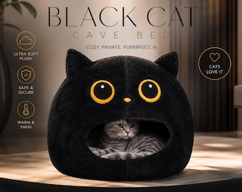 Black Cat Bed with Big Yellow Eyes – Plush Pet Furniture for Kittens & Small Pets |