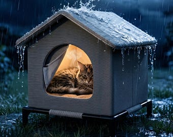 Waterproof Outdoor Cat House, Elevated Insulated Shelter, All-Weather Protection Grey
