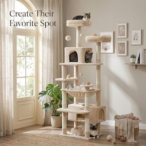 May include: A multi-level cat tree in beige with multiple platforms, a hammock, and enclosed spaces. Several cats are resting on the structure. The text "Create Their Favorite Spot" is visible in the upper left corner.