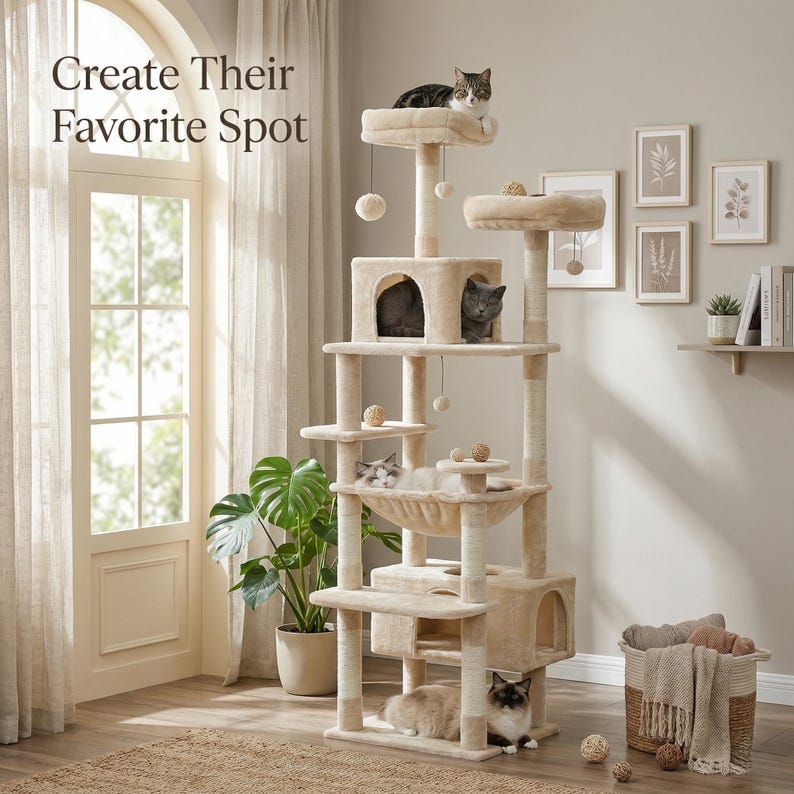 May include: A multi-level cat tree in beige with multiple platforms, a hammock, and enclosed spaces. Several cats are resting on the structure. The text "Create Their Favorite Spot" is visible in the upper left corner.