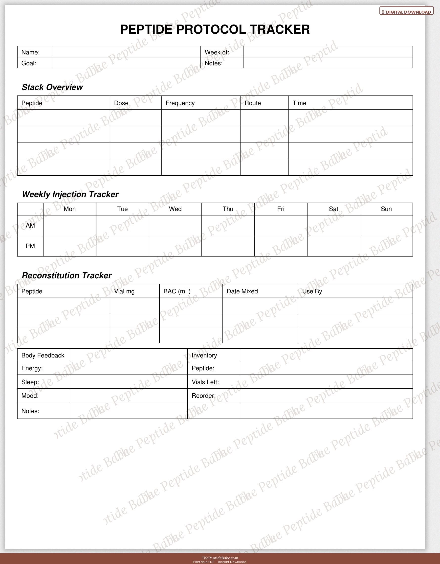Peptide Injection Log Peptide Protocol Tracker PDF | Injection & Reconstitution Log | Stack ...