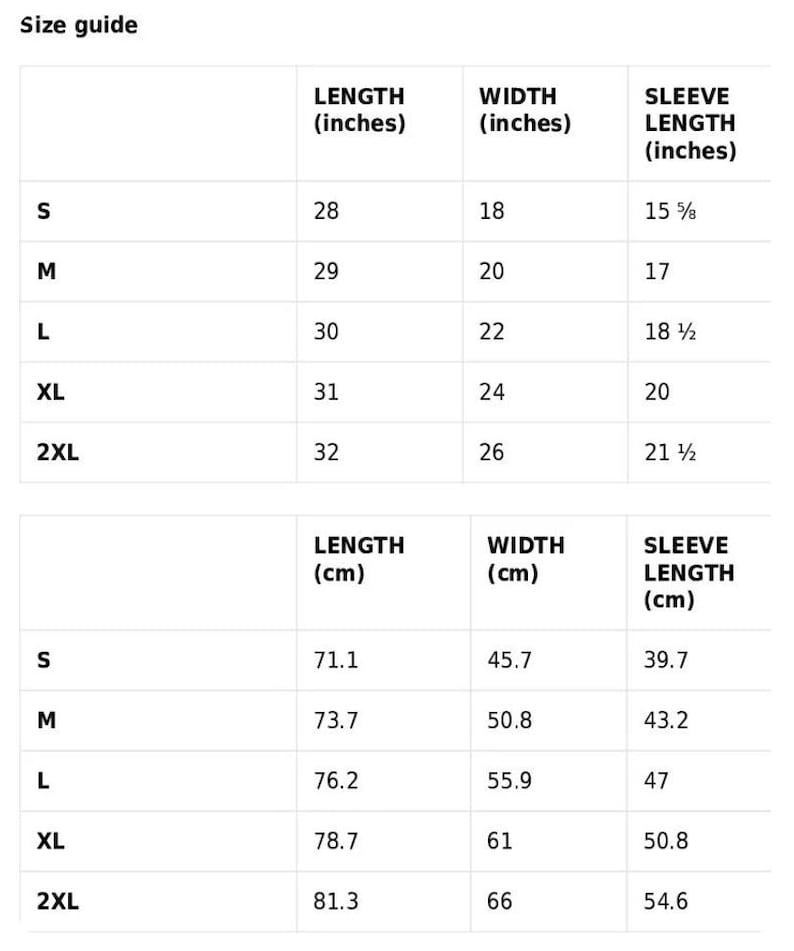 Op de afbeelding: Een maattabel met kledingmaten in inches en centimeters. De tabel toont lengte, breedte en mouwlengte. Maten vari&euml;ren van S tot 2XL, met metingen in inches en centimeters voor elke maat.