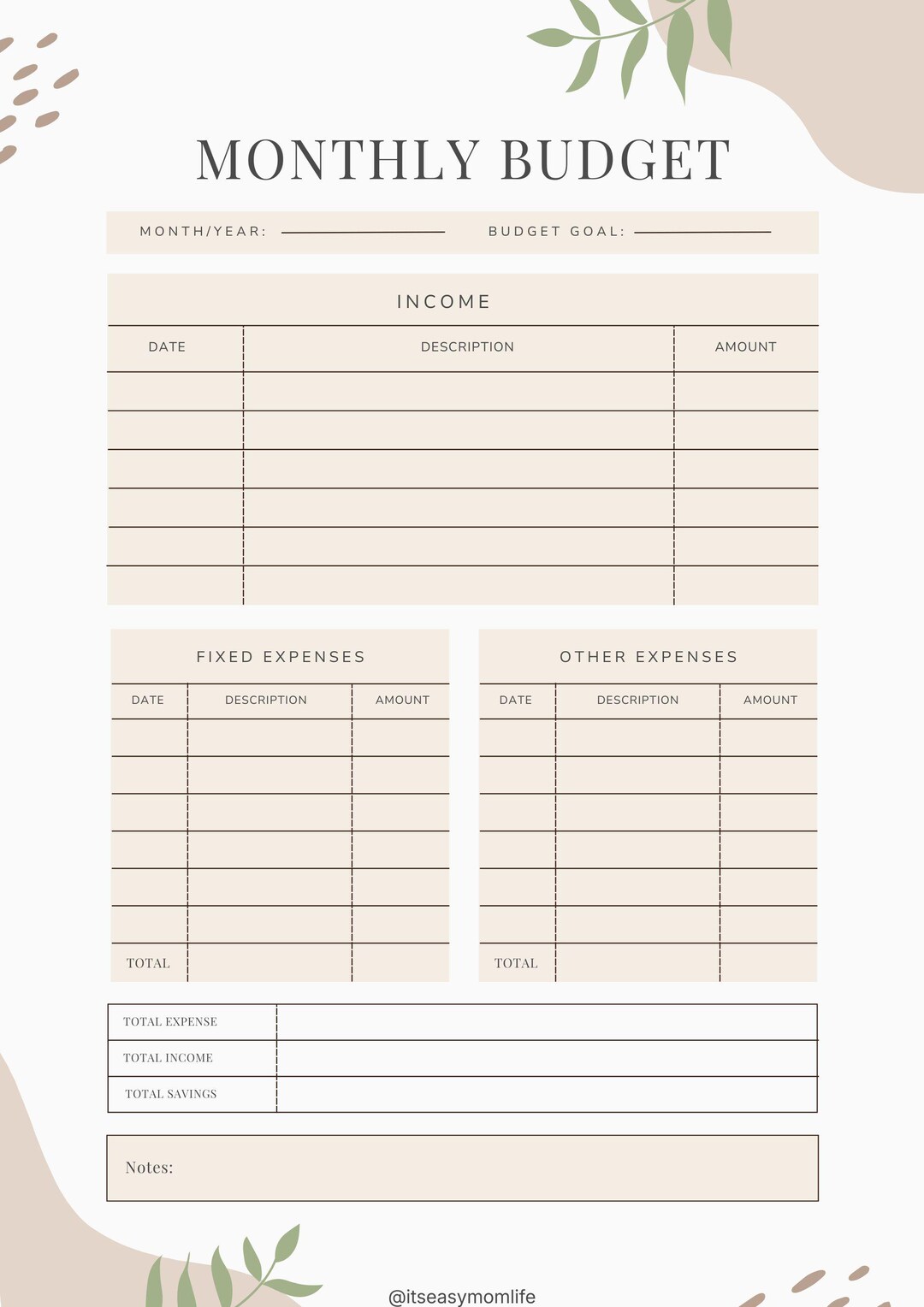 Monthly Money Planner Printable | Minimalist Finance Sheet | Income ...