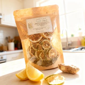 May include: A clear bag of Summer Pot Blend "Fresh Start" tea with dried lemon slices, ginger, and peppermint. The bag has a label with the ingredients and the manufacturer's address. Two lemon wedges and a slice of lime are in front of the bag, with a piece of ginger to the right.