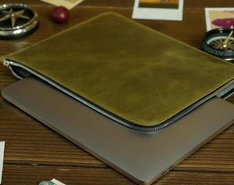 Funda de cuero artesanal para MacBook con cremallera y forro de fieltro, funda de cuero para MacBook Neo 13, funda personalizada para portátil, regalo para él.
