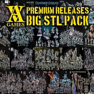 May include: A collage of grey miniature figurines, arranged in various groups. The image includes text reading "PREMIUM RELEASES BIG STL PACK" and "A Games". The figurines represent fantasy creatures and characters.