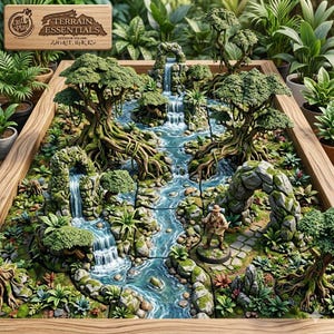 May include: A detailed miniature terrain diorama with a river, waterfalls, and dense green foliage. The scene includes trees and a small figure on a stone path, all within a wooden frame. The text "Terrain Essentials" is on a wooden sign.