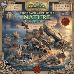 Op de afbeelding: Een geïllustreerde advertentie voor een tabletop RPG terreinset. De afbeelding toont een strandscène met palmbomen, rotsen en miniatuurfiguren. Tekst bevat "Epic Beach Adventure: Nature Core Set" en "3D Printable STL Files".