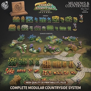 Op de afbeelding: Miniatuur terreinonderdelen voor tabletop games, waaronder bloembedden, tarwevelden en geplaveide paden. De set bevat verschillende kleuren en texturen, met de tekst "Terrain Essentials" en "Meadows & Countryside".
