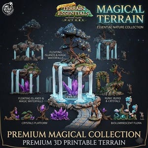 Könnte beinhalten: Werbung für eine Premium-Sammlung von 3D-druckbaren Geländemodellen. Das Bild zeigt Fantasy-Landschaften, darunter schwebende Inseln mit Wasserfällen, Runenruinen und biolumineszierende Flora. Die Farbpalette umfasst Blau-, Lila- und Brauntöne mit detaillierten Miniaturfiguren.