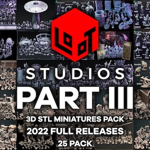 Op de afbeelding: Een promotieafbeelding voor LOT Studios Part III, met een verzameling 3D STL-miniaturen. De afbeelding toont verschillende miniatuurfiguren, gebouwen en wezens, met de tekst "STUDIOS PART III" en "3D STL MINIATURES PACK 2022 FULL RELEASES 25 PACK".