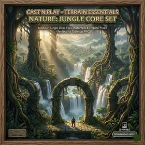 Op de afbeelding: Een digitale illustratie van een junglescène met watervallen, bomen en stenen bogen. De afbeelding is omlijst in een houten rand en bevat de tekst "CAST N PLAY - TERRAIN ESSENTIALS NATURE: JUNGLE CORE SET". Ontworpen voor tabletop RPG's.