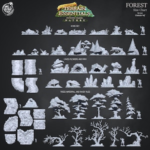 May include: A selection of miniature forest terrain pieces, including trees, rocks, caves, and river tiles. The set is designed for tabletop gaming, with a size chart indicating a 52 mm character reference. The "Terrain Essentials" set is designed for outdoor volume nature.