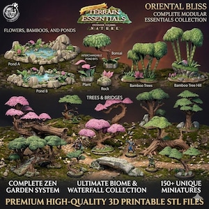 Puede incluir: Una colección de elementos de terreno en miniatura para juegos de mesa, que incluye estanques, árboles, puentes y bambú. El conjunto presenta una variedad de plantas con follaje rosa y verde, junto con formaciones rocosas. El texto de la imagen dice "ORIENTAL BLISS" y "PREMIUM HIGH-QUALITY 3D PRINTABLE STL FILES."