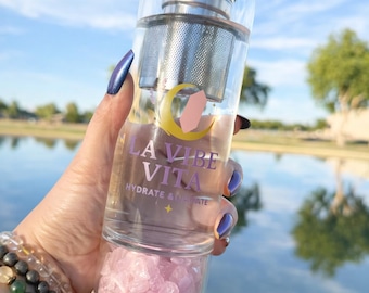 Rose Quartz Glass Crystal Infuser Water Bottle | Self-Care, Tea, Wellness Rituals