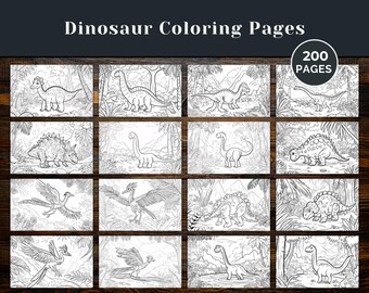 Puede incluir: Una colección de 16 páginas para colorear de dinosaurios en blanco y negro. Cada página presenta un dinosaurio diferente en un entorno natural. El texto "Dinosaur Coloring Pages" está en la parte superior, y un círculo con "200 páginas" está en la esquina superior derecha.