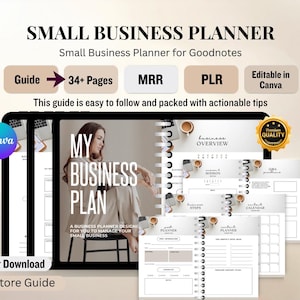 May include: A digital small business planner for Goodnotes, featuring a spiral-bound design with 34+ pages. The planner includes sections for business overview, mission, steps, and a content calendar. The cover reads "My Business Plan."