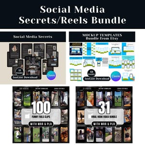Pode incluir: Um pacote digital intitulado "Social Media Secrets/Reels Bundle". A imagem apresenta quatro pré-visualizações de produtos: "Social Media Secrets" com 17 páginas, "Mockup Templates" com 53 páginas, "100 Funny Fails Clips" e "31 Viral Hook Video Bundle".