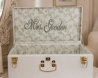Wedding Keepsake Trunk, Personalized Bridal Memory Box, Monogrammed Bride Heirloom Chest, Custom Embroidered Wedding Storage, sage green