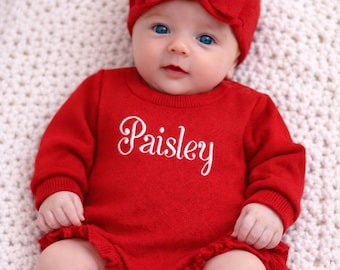 Personalized Red Ruffled Baby Sweater Romper, Embroidered newborn Outfit, booties, bow, cap, 100% organic cotton
