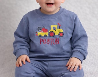 Personalized Baby Boy Valentine Outfit | Organic Cotton Tractor Embroidery