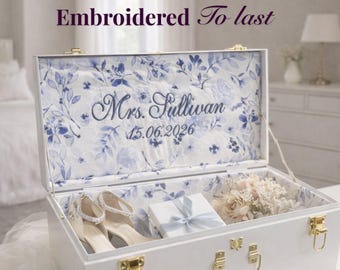 Baúl de recuerdos de boda, caja de recuerdos nupcial personalizada, cofre de reliquias de novia con monograma, almacenamiento de bodas con bordado personalizado