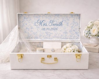 Wedding Keepsake Trunk, Personalized Bridal Memory Box, Monogrammed Bride Heirloom Chest, Custom Embroidered Wedding Storage