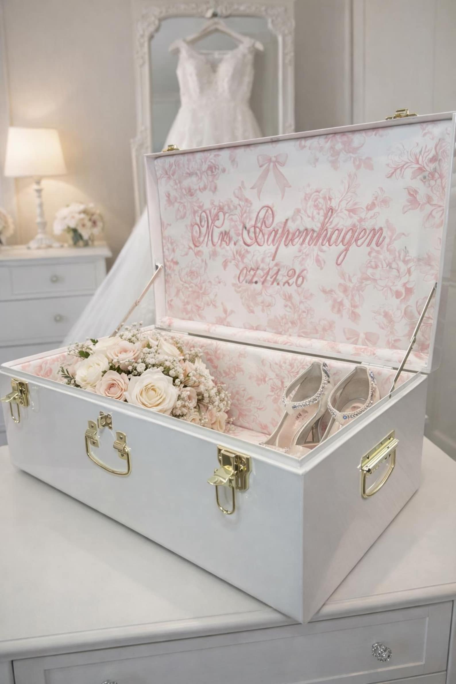 Wedding Keepsake Trunk, Personalized Bridal Memory Box, Monogrammed Bride Heirloom Chest, Custom Embroidered Wedding Storage, burgundy - Pink, Luxury