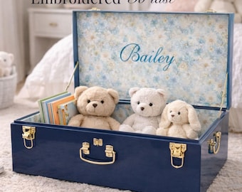 Baúl de recuerdos personalizado para bebé con bordado, caja de recuerdos con nombre personalizado, baúl de juguetes pequeño y de lujo para niños, regalo de reliquia para baby shower.