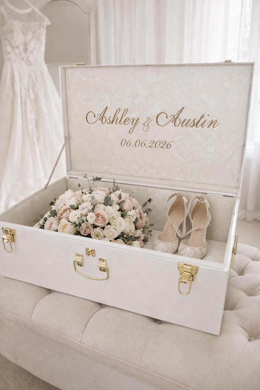 Wedding Keepsake Trunk, Personalized Bridal Memory Box, Monogrammed Bride Heirloom Chest, Custom Embroidered Wedding Storage, burgundy - White w/silver, Luxury