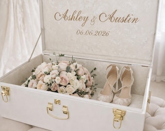 Wedding Keepsake Trunk, Personalized Bridal Memory Box, Monogrammed Bride Heirloom Chest, Custom Embroidered Wedding Storage