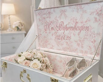 Baúl de recuerdos de boda personalizado, caja de recuerdos de boda, cofre de novia bordado a medida, almacenamiento de reliquias de boda, recuerdo de novia con monograma