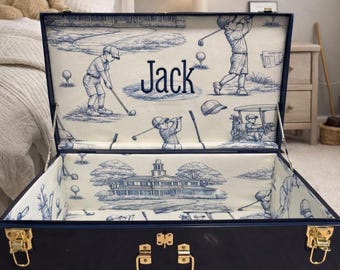 Custom golf boy embroidered Keepsake Trunk, Custom Name Memory Box, Child Storage Chest, Nursery Heirloom Baby Shower gift, toy box