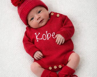 Personalized Red Baby Sweater Romper, Embroidered newborn Outfit, 100% organic cotton, Cap, Bow, Booties, Custom