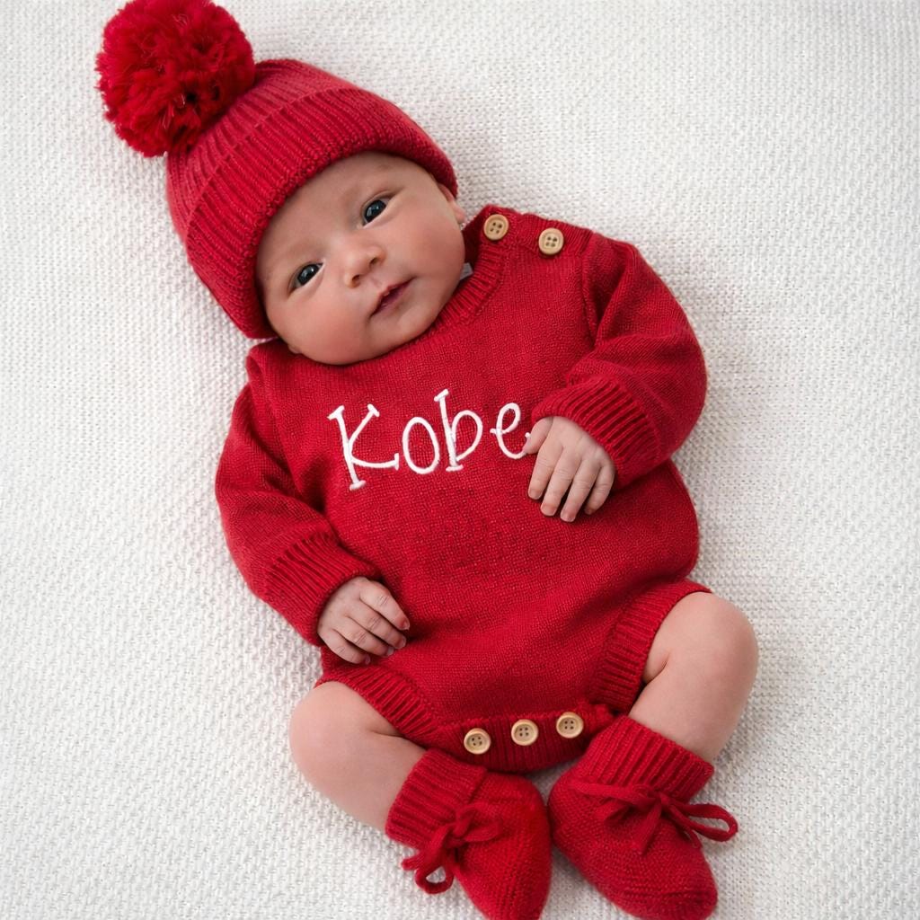 Personalized Red Baby Sweater Romper, Embroidered newborn Outfit, 100% organic cotton, Cap, Bow, Booties, Custom