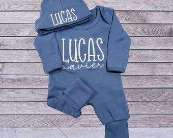 Personalized Organic Cotton Baby Romper with Hat | Newborn Name Outfit | Custom Baby Coming Home Set | Newborn & 0–3 Months, embroidered set