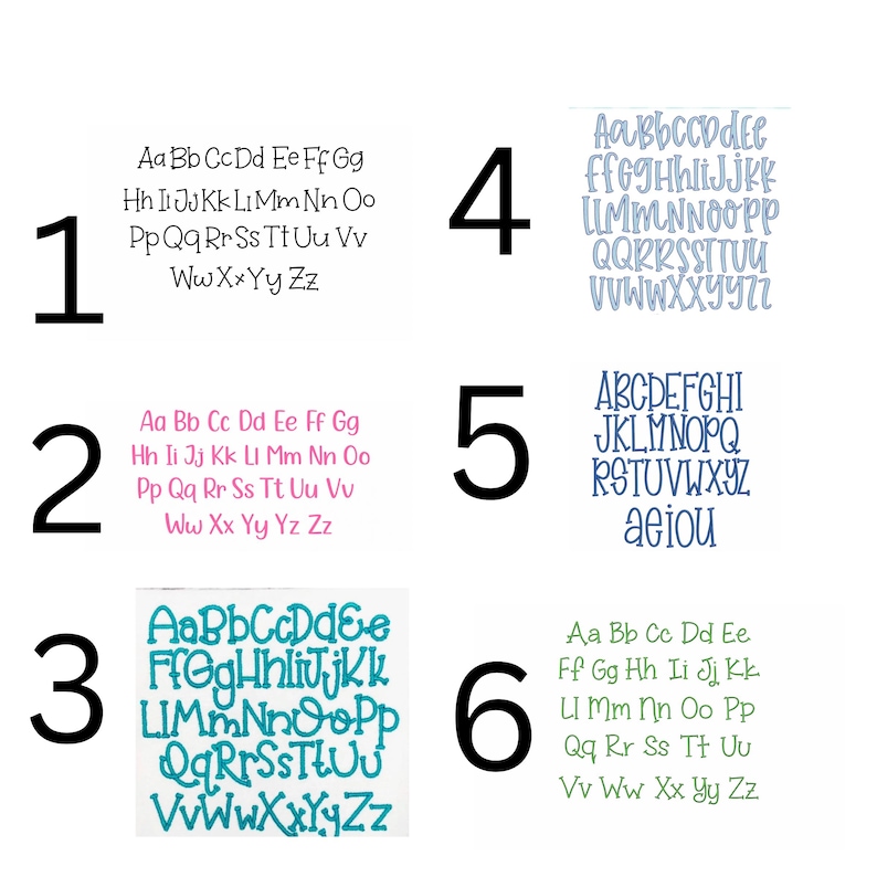 Puede incluir: Sobre un fondo blanco, se muestran seis ejemplos de fuentes, cada uno numerado del uno al seis. Las fuentes incluyen estilos serif, script y sans-serif, mostrando letras may&uacute;sculas y min&uacute;sculas.