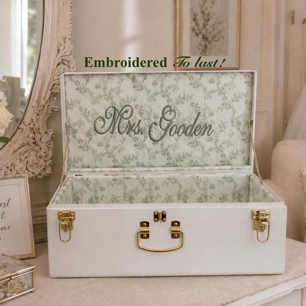 Hochzeits-Erinnerungstruhe, personalisierte Braut-Erinnerungsbox, monogrammierte Braut-Erinnerungstruhe, individuell bestickte Hochzeitsaufbewahrung, salbeigrün