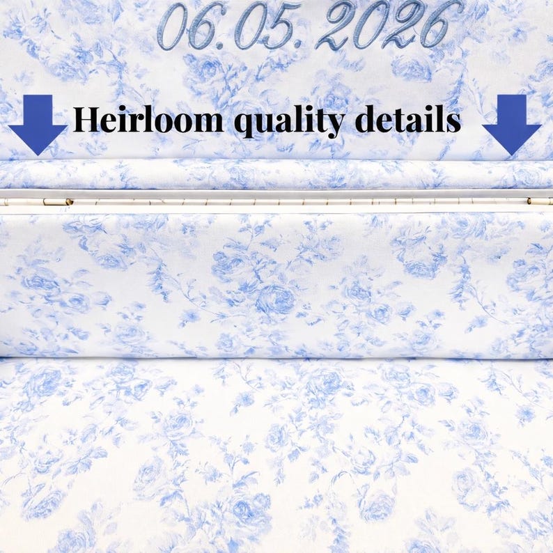 Puede incluir: Interior de un cofre adornado con un estampado floral blanco y azul. El texto "06.05.2026" est&aacute; encima del texto "Heirloom quality details". El cofre tiene una tapa con bisagras y un cierre met&aacute;lico. El estampado floral es un dise&ntilde;o repetido de rosas azules.