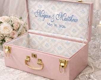Personalized Embroidered Bridal Keepsake Trunk, Custom Wedding Memory Box | Monogrammed Bride Chest | Heirloom Storage with Fabric Lining |