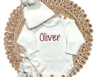 White baby sweater romper embroidered with name - cap, booties, and bows, 100% organic cotton