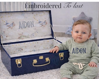 Classic Baby Boy Keepsake Trunk | Personalized Monogram Memory Box | Timeless Heirloom Nursery Chest, Airplanes neutral mom-to-be decor