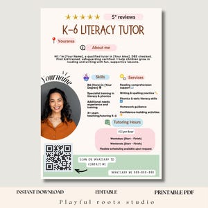 Puede incluir: Un anuncio de tutor de alfabetización K-6 en formato PDF. El diseño presenta una foto de una mujer sonriente, una lista de habilidades y servicios e información de contacto. El texto incluye "Descarga instantánea" y "Editable."