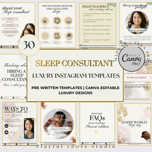 May include: A set of Instagram templates for a sleep consultant, featuring text and graphics on a white background with gold and beige accents. The templates are designed for Canva and include pre-written content for easy use.
