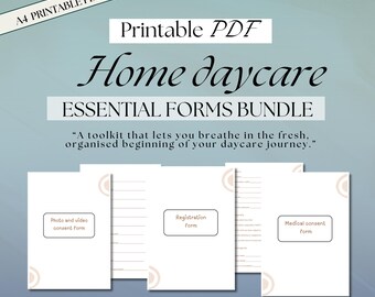 May include: A digital download bundle of printable PDF forms for home daycare. The forms include photo and video consent, registration, and medical consent forms. The text reads "Home daycare ESSENTIAL FORMS BUNDLE" and "Playful Roots Studio."